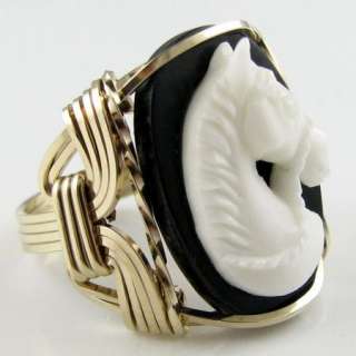 Carved Cow Bone Horse Head Cameo Ring 14K Rolled Gold Custom Jewelry 