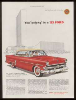 1953 red Ford Crestline coupe vintage car print ad  