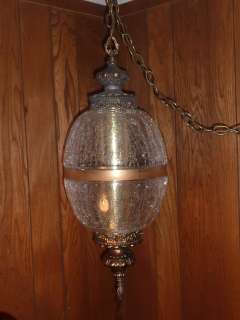 Vtg Large Mid Century Crackle Glass/Brass Swag Lamp Hollywood Regency 