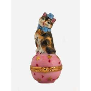 Cute Kitty Cat with a Bow on a Pink Ball French Limoges Box  
