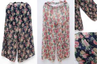 Ladies Floral Print Chiffon Palazzo Trousers Wide Leg Flared Pants One 