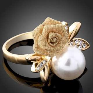 Swarovski Crystal Rose Pearl Yellow Gold GP Finger Ring  