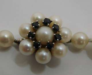 Nice Pearl Strand Necklace w 14K White Gold Natural Sapphire & Pearl 