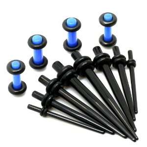 Micro Ear Taper Kit & Blue Plug Set   8 Piece Black Acrylic Ear Taper 