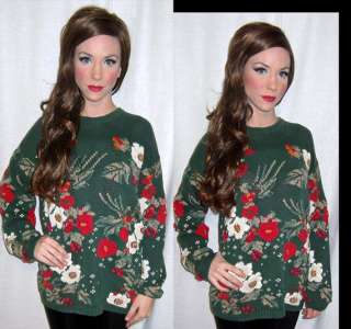 Womens Vintage 80s Sage Green OVERSIZED Christmas KNIT Flower Sweater 