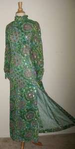 Vtg ROSSELLA OF ROME Green Chiffon Maxi Dress GOWN L  