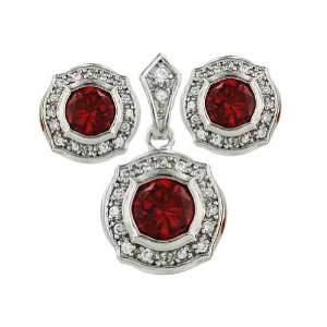   Silver Garnet Cubic Zirconia Earrings and Pendant Set 16 inches Chain