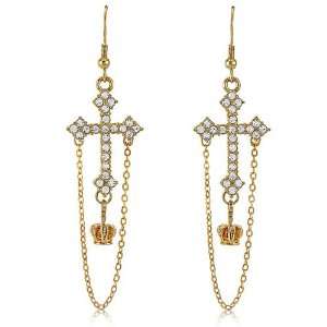 Gold Toned Cross w/ Crown Dangle Earrings   Womens Earrings Jewelry