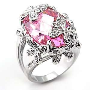  Rhodium Plated Brass Ring with Rose Colored CZ Jewelry