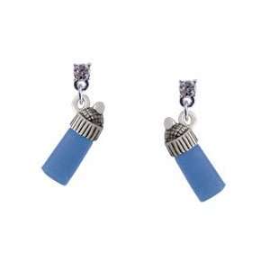  3 D Blue Baby Bottle Clear Swarovski Post Charm Earrings 