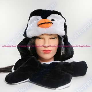 Penguin Winter Warm Black White Beanie Cap Soft Ski Hat Long Ear Flaps 