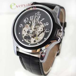 Black Hollow Automatic Men Watch Mechanical Leather New  