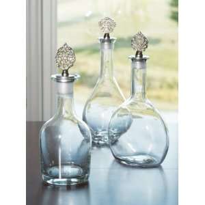 Set of 3 Clear Glass Decanters with Nickel Filigree Toppers  