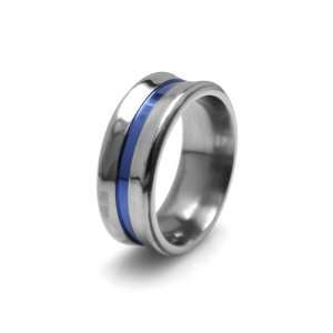 Mens 9mm Gray Titanium Concave Ring with Blue Anodized Color Inlay 