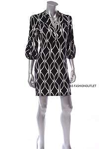   REPUBLIC Womens 3/4 Sleeve Mandarin Collar H Line Dress Black Multi