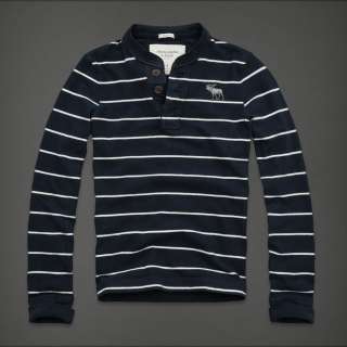 NEW Abercrombie & Fitch MENS Henley Navy stripes long sleeve TEE shirt