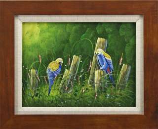 Blue Yellow Birds Fence Tall Grass Bird Portraits Art FRAMED OIL 