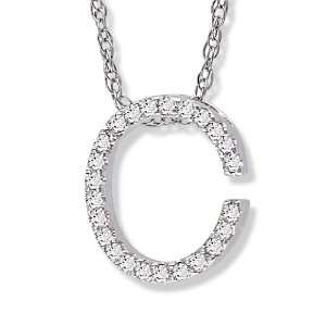  Diamond Initial Pendant C in 14k White Gold with 16in 