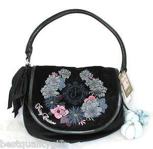 JUICY COUTURE BLACK VELOUR w PINK+BLUE EMBROIDERED FLOWERS FLAP 