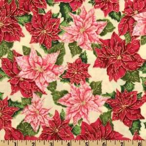 44 Wide Poinsettias Toss Cream/Red Fabric By The Yard 