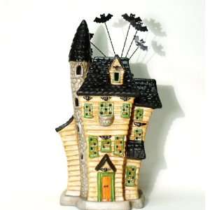  Ceramic Haunted House with Tower   Orange/Black