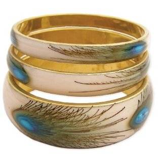 ZAD Beautiful Set of 3 Peacock Feather Print Bangle Bracelet Set Gold 