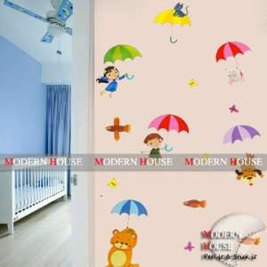   House Kids with Umbrella removable Vinyl Mural Art Wall Sticker Decal