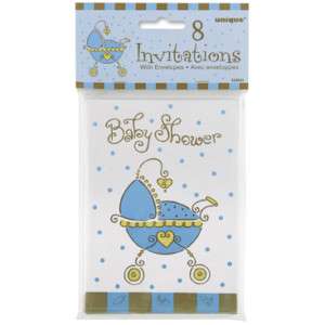 BABY SHOWER BLUE AND BROWN BLUE BABY JOY BOY CARRIAGE INVITATIONS 8PP