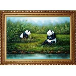  Pair of Cute Giant Pandas Playing in Riverside Oil 
