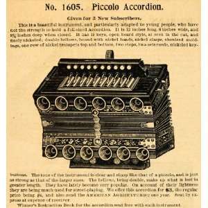 1892 Ad Agriculturist Subscription Antique Piccolo Accordion Musical 