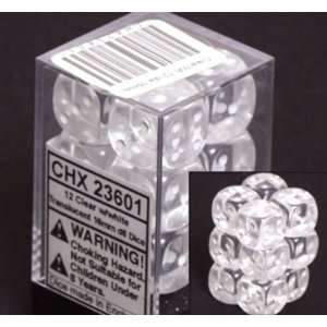   16mm d6 Clear w/White Dice Block 12 pipped dice Toys & Games