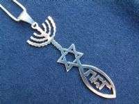 Messianic Star of David Menorah Fish Pendant Silver  
