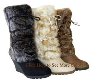Trendy Fashion Faux Fur Shaft Lace Up Suede Mid Calf Wedge Boots Ice 