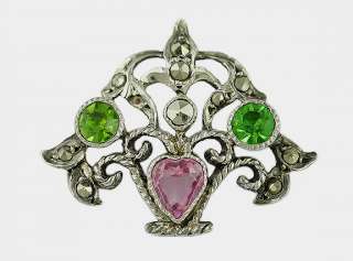 OLD AUSTRO HUNGARIAN? SILVER GREEN & PINK STONES PIN  
