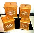 vtg 1970 s 4 pc oak wood wooden canister set with caned  or 