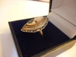 Rare Lavish Art Deco Carved Shell Cameo & Diamond Ring Size H 