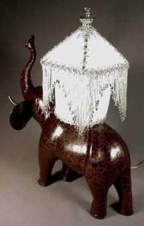 BRASS ELEPHANT LAMP WITH BEADED SILK SHADE  