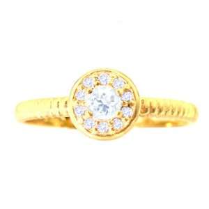 14K Yellow Gold Small Round Gemstone and Diamond Disc Ring White Topaz 