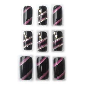 Black & Pink Diagonal Stripes w/ Rhinestones Glue/Stick/Press On Fake 
