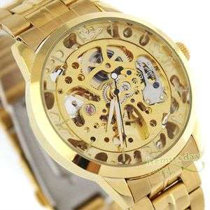 Luxury Golden Mens Wrist Watch Automatic Mechanical Skeleton Hollow 