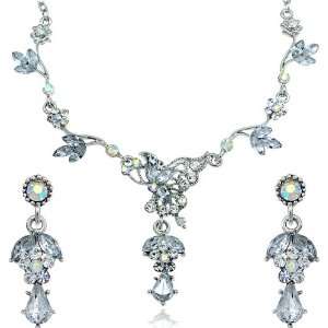 White AB Teardrop Rhinestone SWAROVSKI CRYSTALS Flower Silver Necklace 