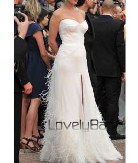 White Satin Strapless Plume Formal Party Ball Prom Gown Evening Dress 