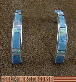 Denim Lapis & Created Opal Silver Hoop Post Earrings  