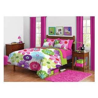   Green Pink Purple Bright Flower Floral Twin Comforter Set (2pc Set