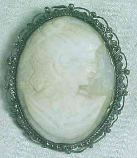 ANTIQUE SILVER & CARVED SOAP STONE CAMEO BROOCH  