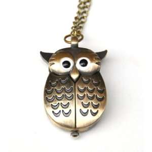 Bronze cute Owl Pocket Watch long Necklace openable wing vintage retro 