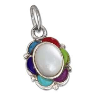   Silver Oval Mother Of Pearl and Multi Color Stone Pendant Jewelry
