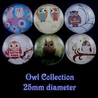 6x Glass Cute Owl Design Mix Round Cameo Cabochon 25mm  