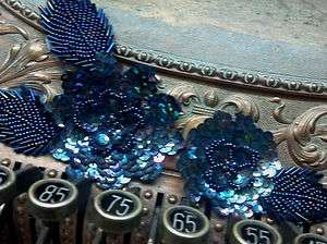 FLOWER LEAVES APPLIQUE 1 piece SEQUINS GLASS BEADS HAND SEWN Midnight 