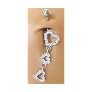 Cz Crystal 3 Heart Charm dangle Belly Navel body jewelry piercing bar 